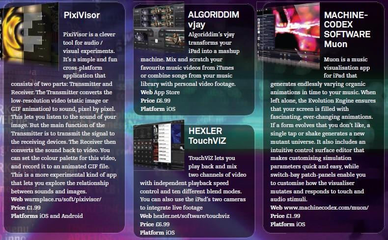 PixiVisor<br />Algoriddim - vjay<br />Hexler - TouchViZ<br />Machine - Codex Software Muon