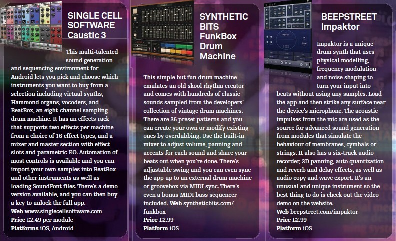 Single Cell Software - Caustic 3<br />Synthetic Bits - FunkBox Drum Machine<br />Beepstreet - Impaktor