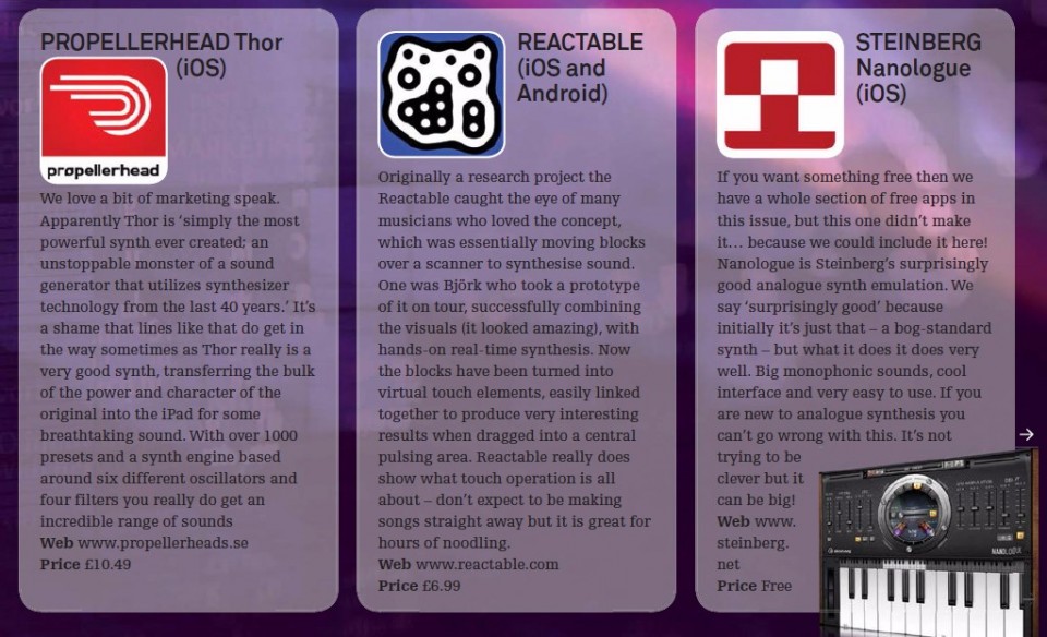 Propellerhead Thor - iOS<br />Reactable - iOS and Android<br />Steinberg Nanologue - iOS