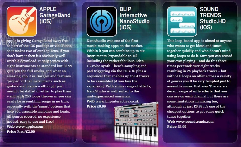 Apple - GarageBand (iOS)<br />Blip Interactive - NanoStudio (iOS)<br />Sound Trends - Studio.HD (iOS)