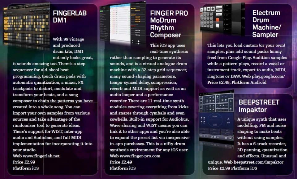 Fingerlab DM1<br />Finger Pro - MoDrum Rhythm Composer<br />Electrum Drum Machine / Sampler<br />Beepstreet Impaktor