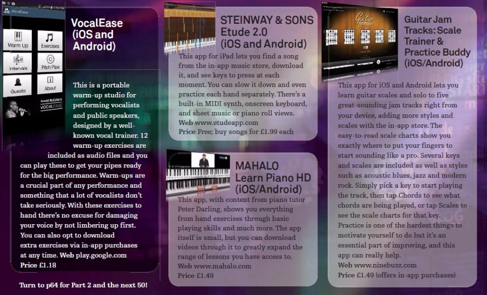 VocalEase<br />Steinway & Sons Etude 2.0<br />Guitar Jam Tracks: Scale Trainer & Practice Buddy<br />Mahalo Learn Piano HD