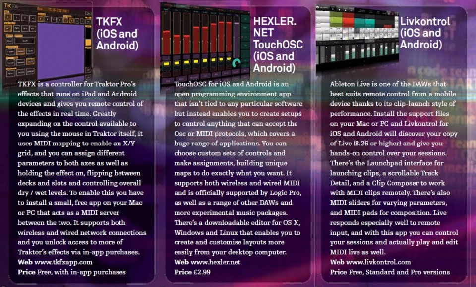 TKFX - iOS and Android<br />Hexler.NET TouchOSC - iOS and Android<br />Livkontrol - iOS and Android