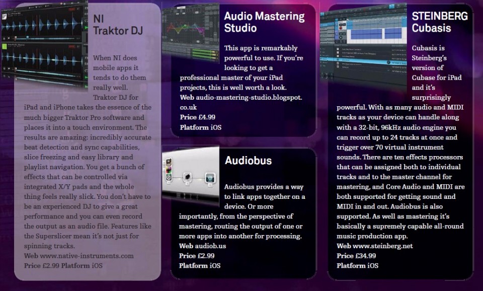 NI Traktor DJ<br />Audio Mastering Studio<br />Audiobus<br />Steinberg Cubasis